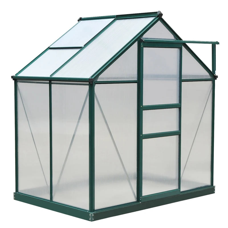Durable Polycarbonate Walk-In Greenhouse with Sliding Door, Window & Foundation, Green, 6x4ft