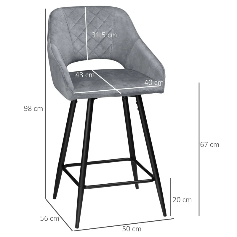 Set of 2 Grey Bar Stools – Velvet-Touch Counter Chairs, Steel Frame