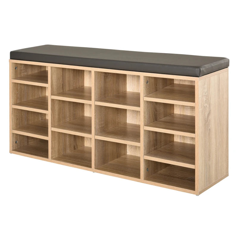Brown Shoe Rack with Seat, 14 Compartments, Solid Frame, Foot Pads
