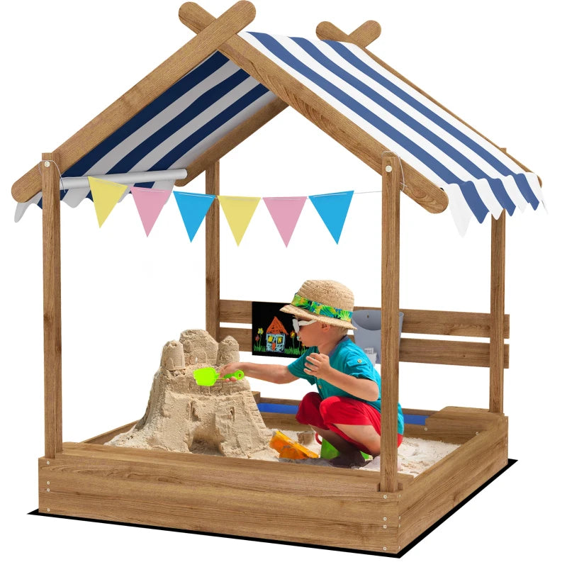 Outdoor Wooden Sandbox with Blackboard, Toys, Sink, Seats & Flags for Kids 3-7