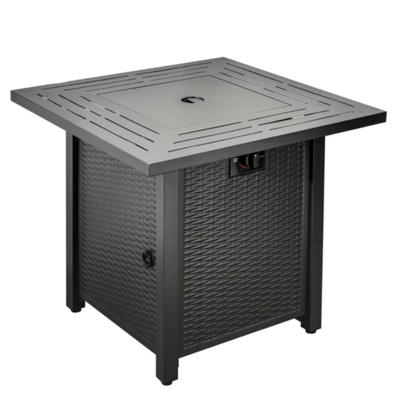Black Rattan Gas Fire Pit Table with Protective Cover, Lava Rocks & Lid, 40,000 BTU, 71x71x62cm