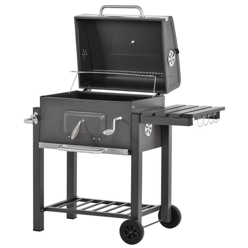 Charcoal Grill BBQ Trolley with Adjustable Grate, Side Table, Wheels & Built-in Thermometer