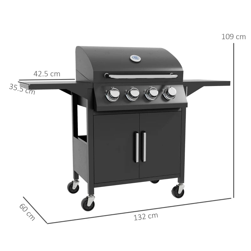 Portable 4 Burner Gas BBQ Grill with Side Shelves, Warming Rack & Storage Cabinet