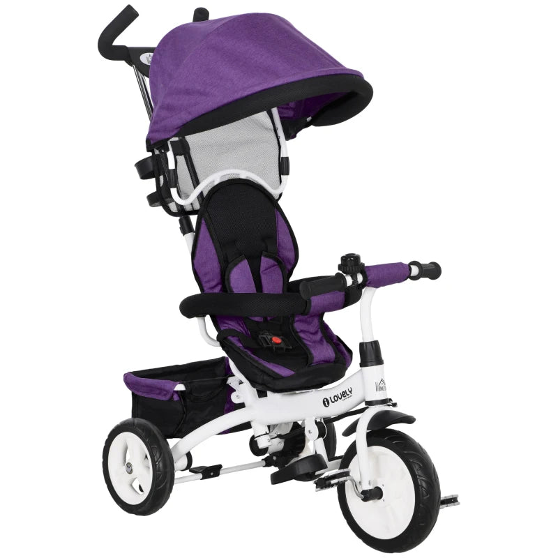 Tricycle Stroller for Toddlers with Canopy, Push Bar & Safety Features – Purple, 6-in-1