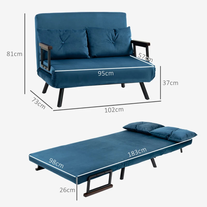 Double Sofa Bed 4-in-1 Velvet Feel, Blue, Includes Pillows