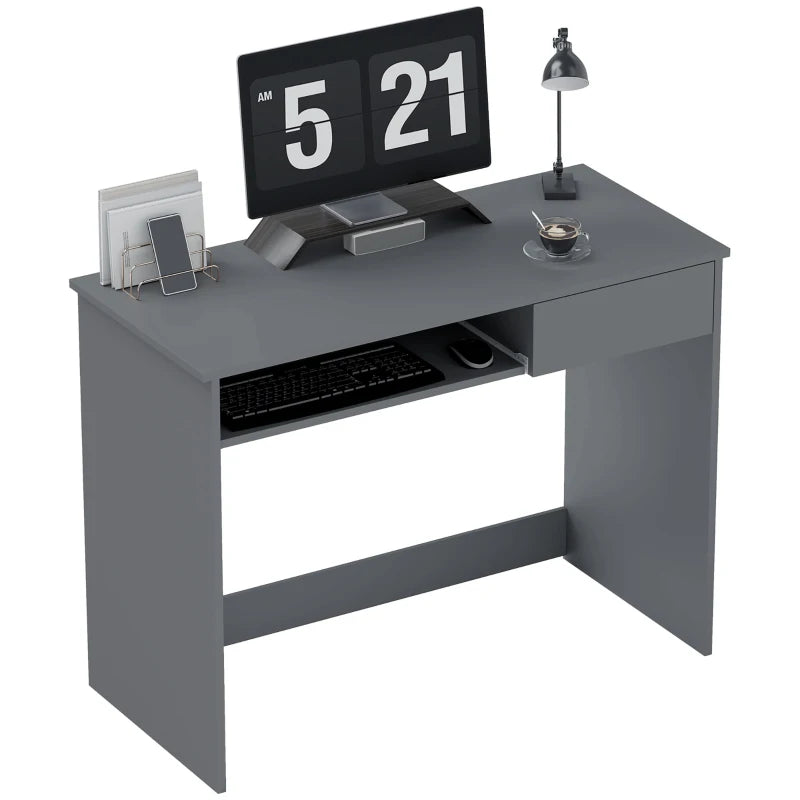 Grey Computer Desk – Compact with Sliding Keyboard Tray & Drawer