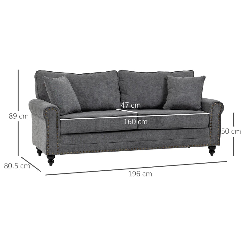 3-Seater Upholstered Sofa with Rubber Wood Legs, Nailhead Trim, Grey