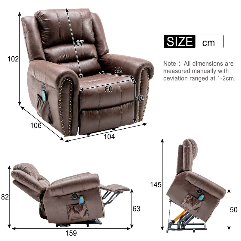 Electric Power Lift Recliner w/ Heat, Massage & Pockets – Brown, 104cm