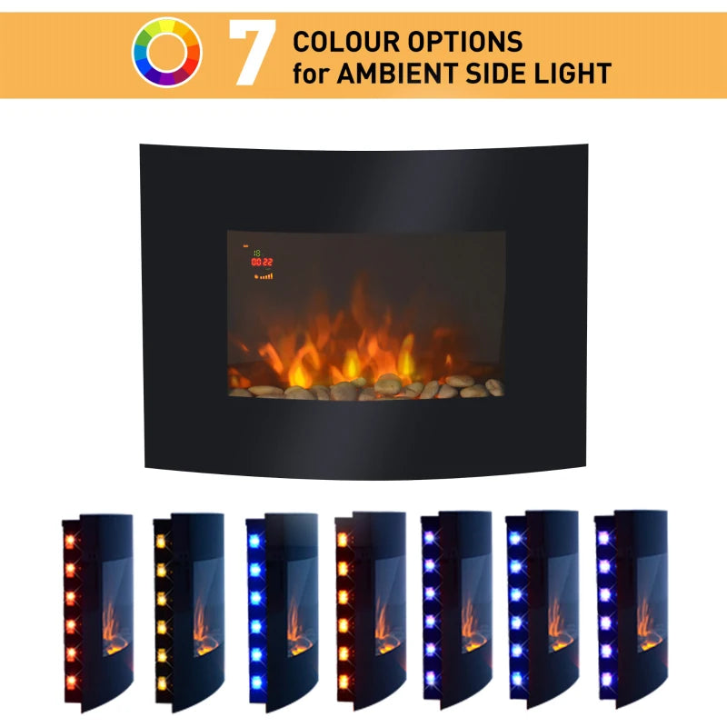 Curved Glass Wall Fireplace with LED Lights, 900/1800W, 65x52cm