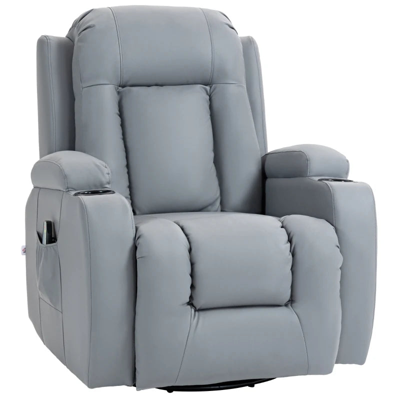 Recliner Armchair, Massage & Heat, PU Leather, Swivel Rocker – Grey