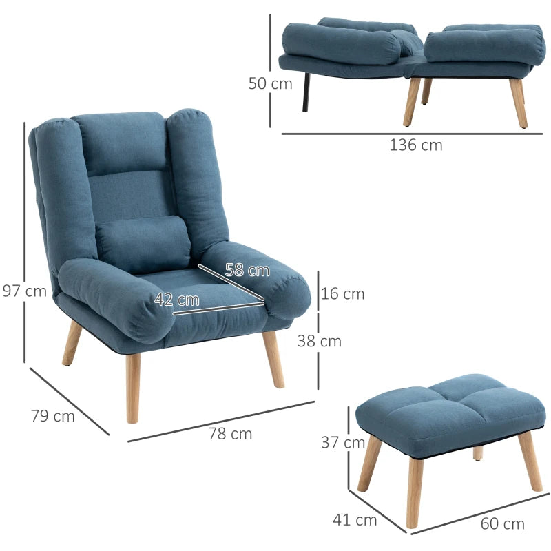 Blue Accent Chair with Ottoman, 180° Recliner, Adjustable Backrest