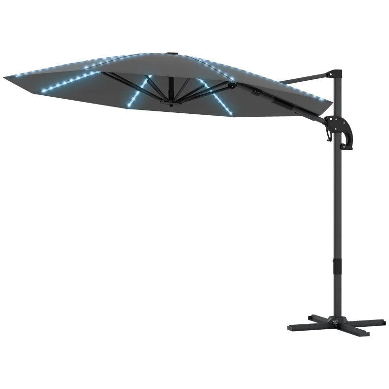 Patio Cantilever Umbrella with Cross Base, Solar Lighting & Crank Handle – 3m Grey