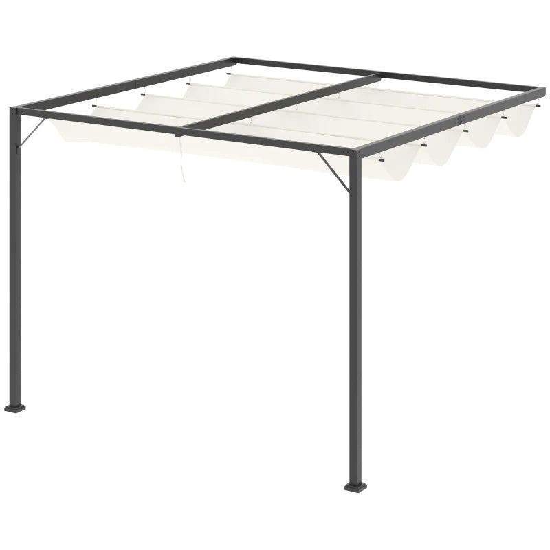 Cream White Retractable Canopy Lean To Pergola – Wall Mounted Patio Shelter, 3 x 3m