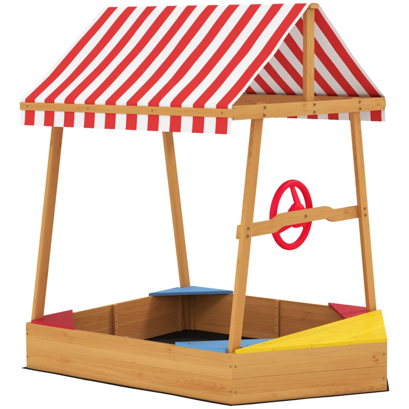 Boat-Shaped Wooden Sandpit for Kids 3-8 with Canopy, Seats, Rudder & Bottom Liner