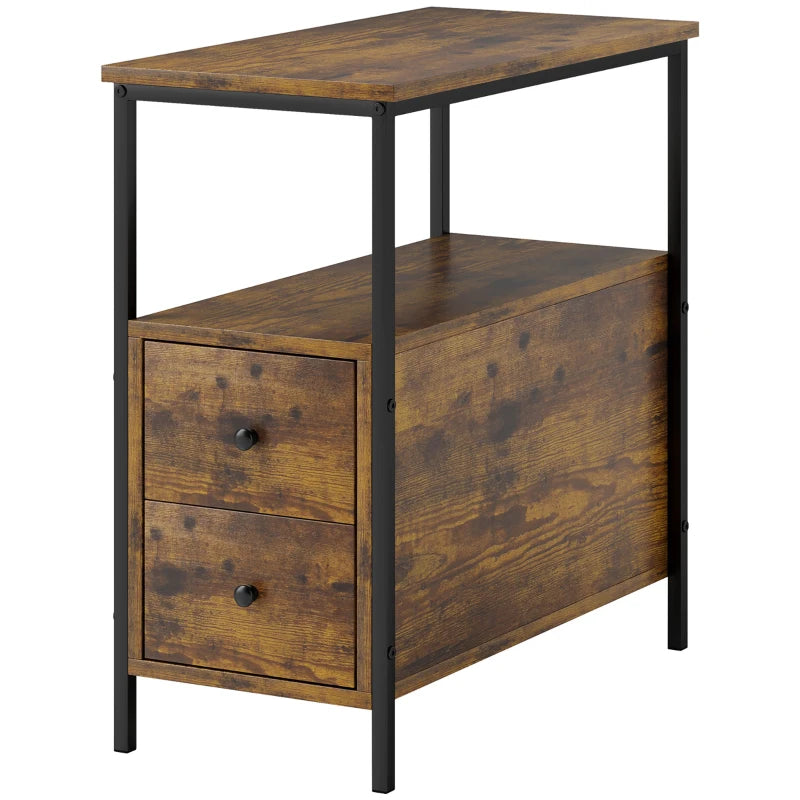 Small Space Side Table, 2 Drawers & Shelf, Industrial Rustic Brown