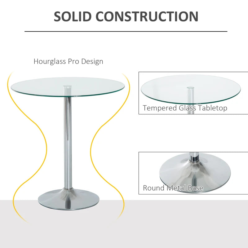 Modern Round Dining Table, Glass Top, Space-Saving Design