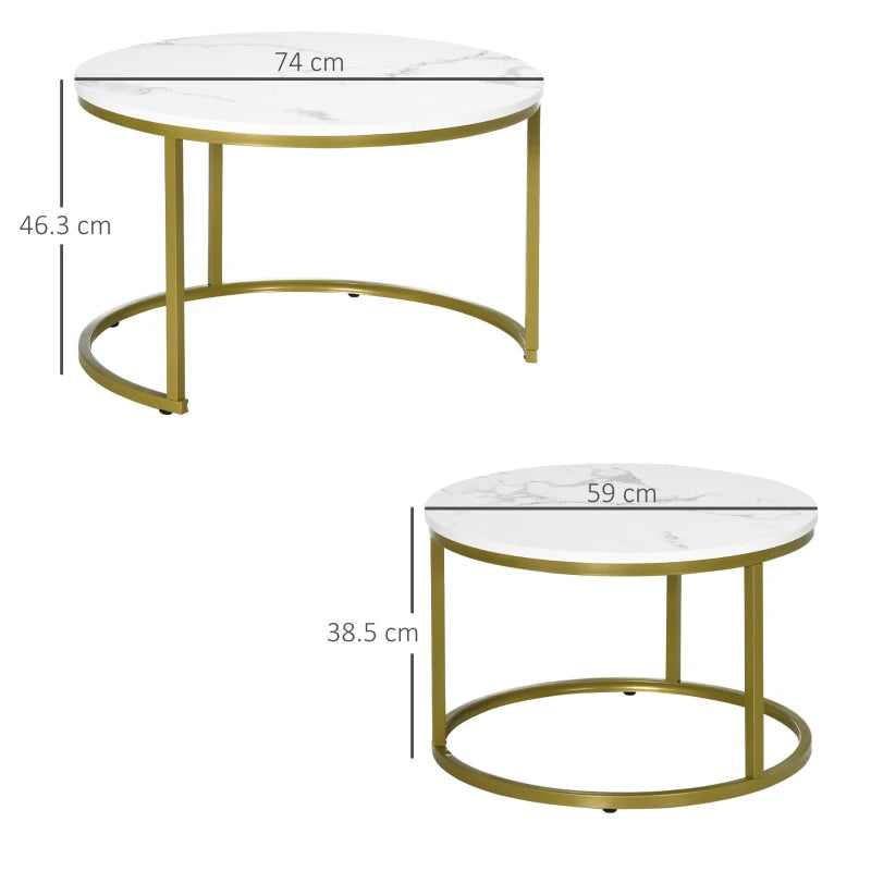 Nesting Coffee Tables Set of 2, Round Faux Marble Tops & Metal Frame