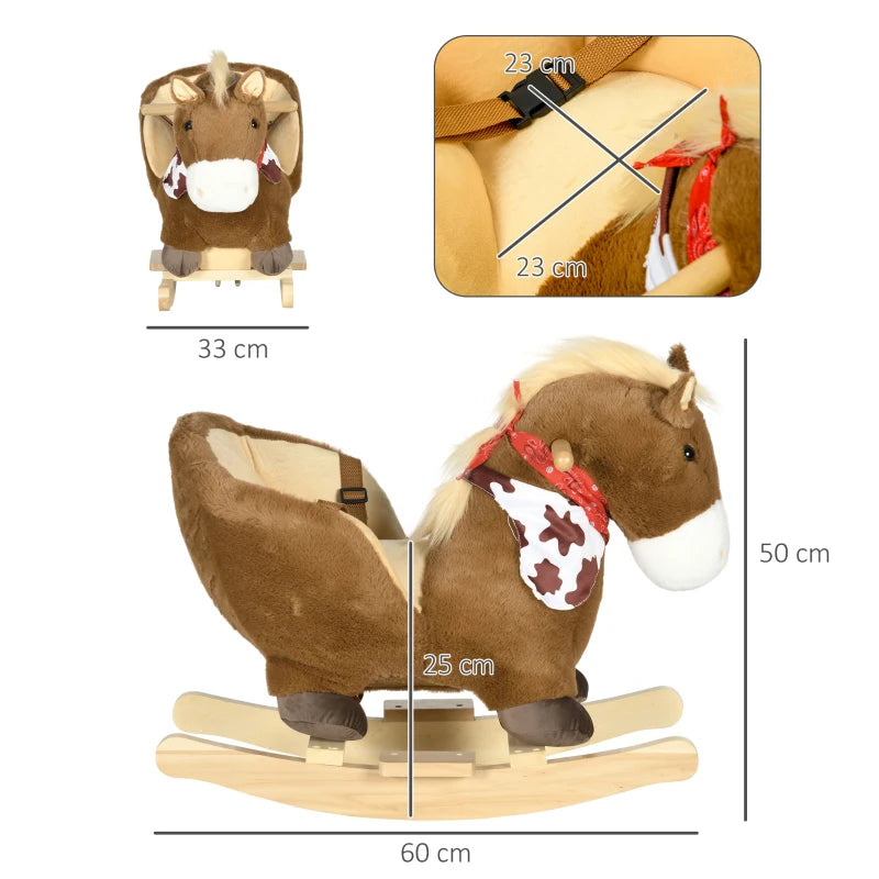 Brown Plush Kids Rocking Horse with Safety Harness, Foot Pedals & Realistic Sounds