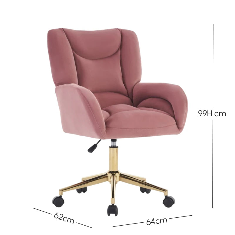 Pink Velvet Swivel Office Chair with Metal Base & Adjustable Height