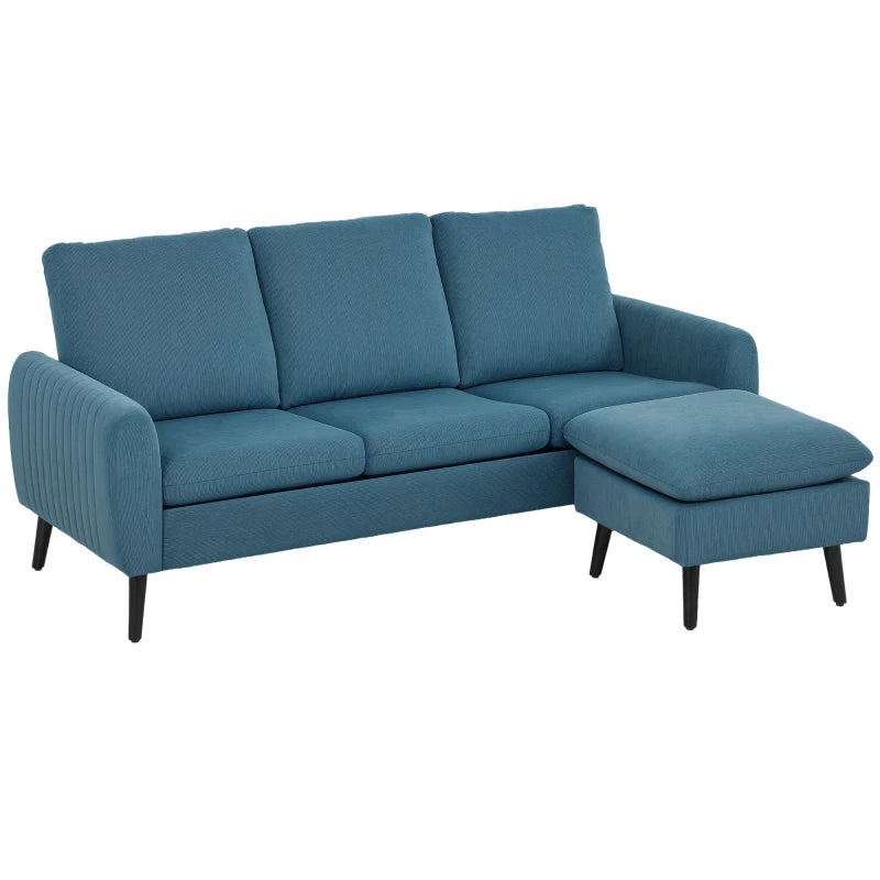Blue L-Shaped Sofa – 3-Seater Corduroy Couch with Ottoman & Scatter Cushions