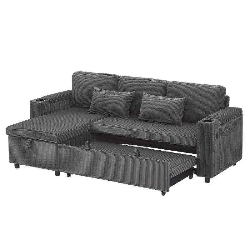 3-in-1 Convertible Corduroy Sofa Bed w/ Chaise & Charger – Grey