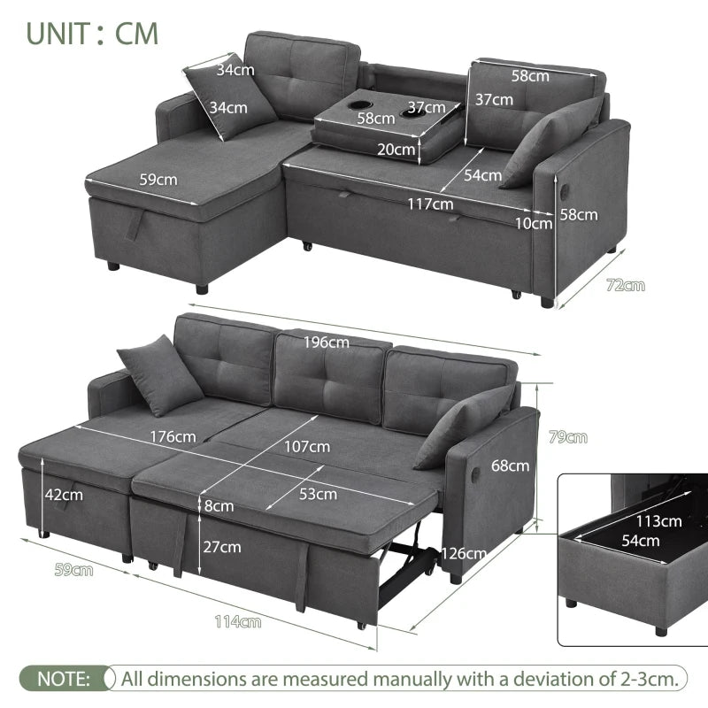 Grey L-Shaped Sleeper Sofa with Storage and Reversible Chaise, Compact