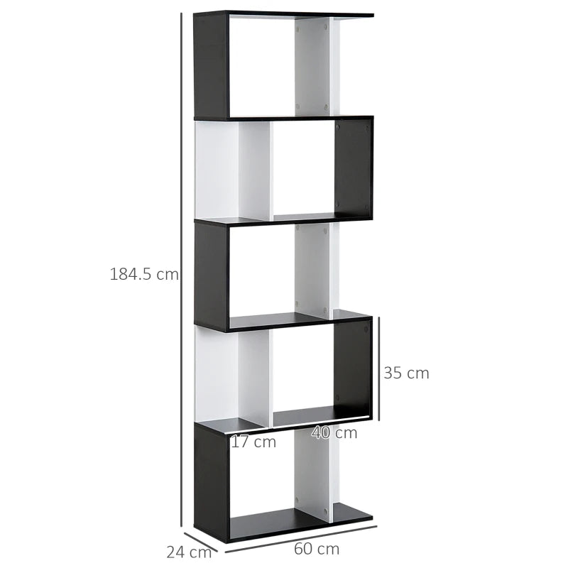 S-Shaped Bookshelf, 5/6 Tiers – Display & Storage Rack, Black/White