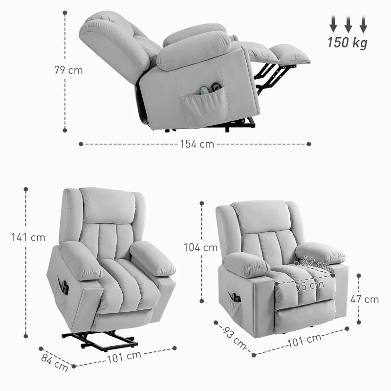 Electric Massage Recliner Chair, Riser Function, Velvet, Light Grey