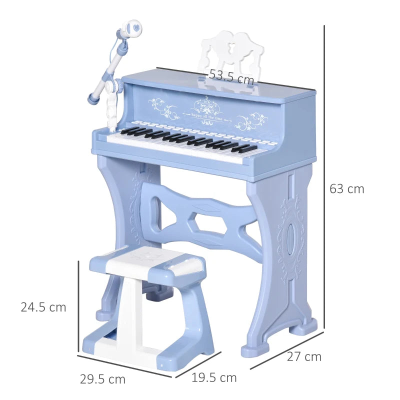Blue Mini Piano Keyboard for Kids with 37 Keys, Stool, Microphone & Music Stand