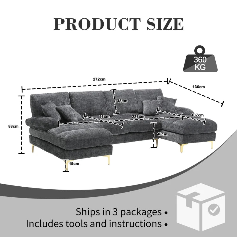 Modular U-Shaped Sectional Sofa, Chenille Fabric, Double Chaise, Grey, 272cm