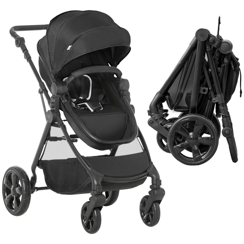 Foldable Baby Stroller with Reclining Backrest, Adjustable Canopy for 0-36 Months - Black