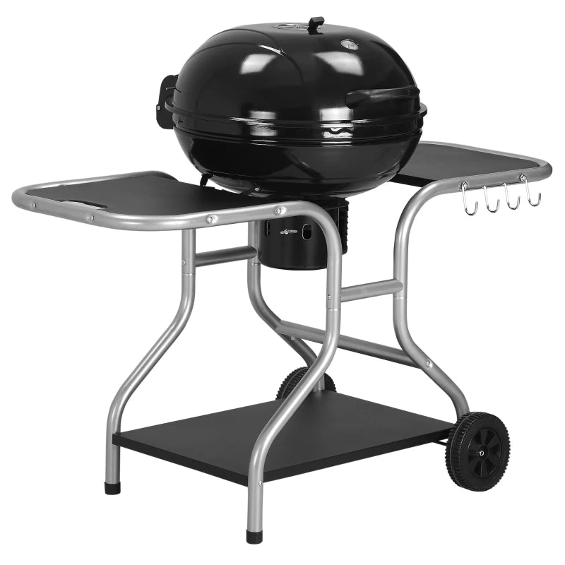 Portable Charcoal Kettle Grill with Trolley, Wheels, Shelf & Hooks - Black Outdoor BBQ