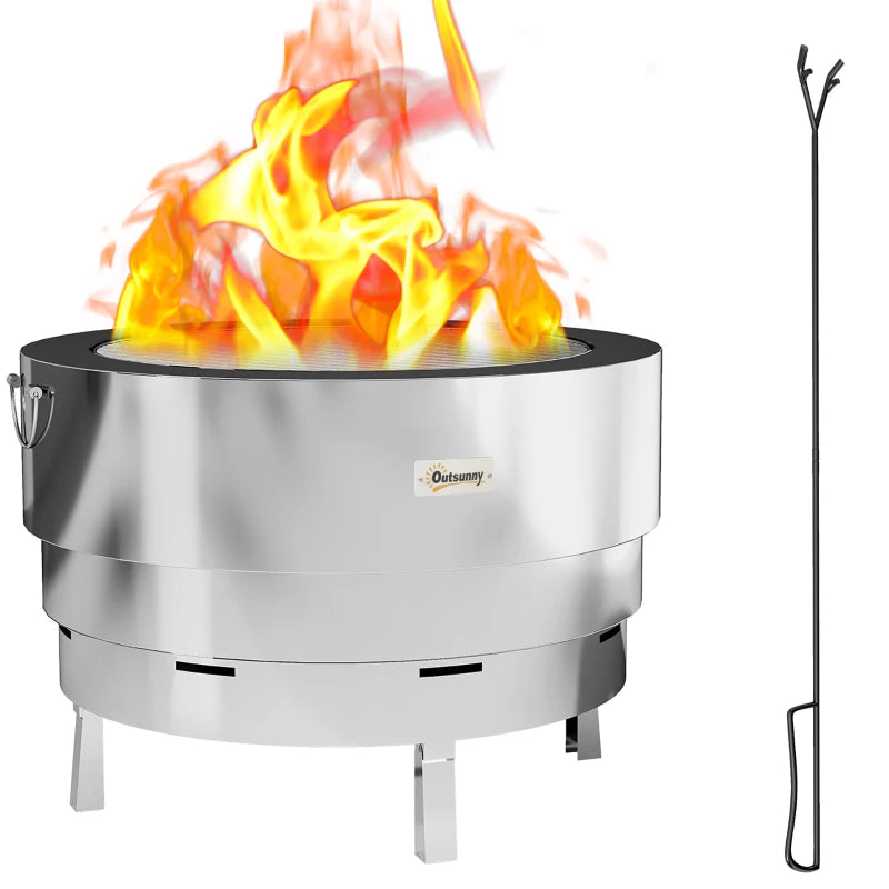 Stainless Steel Outdoor Wood-Burning Fire Pit with Fire Poker, Silver Color