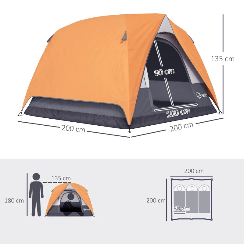 3-4 Person Waterproof Camping Tent – Easy Setup, Orange/Grey