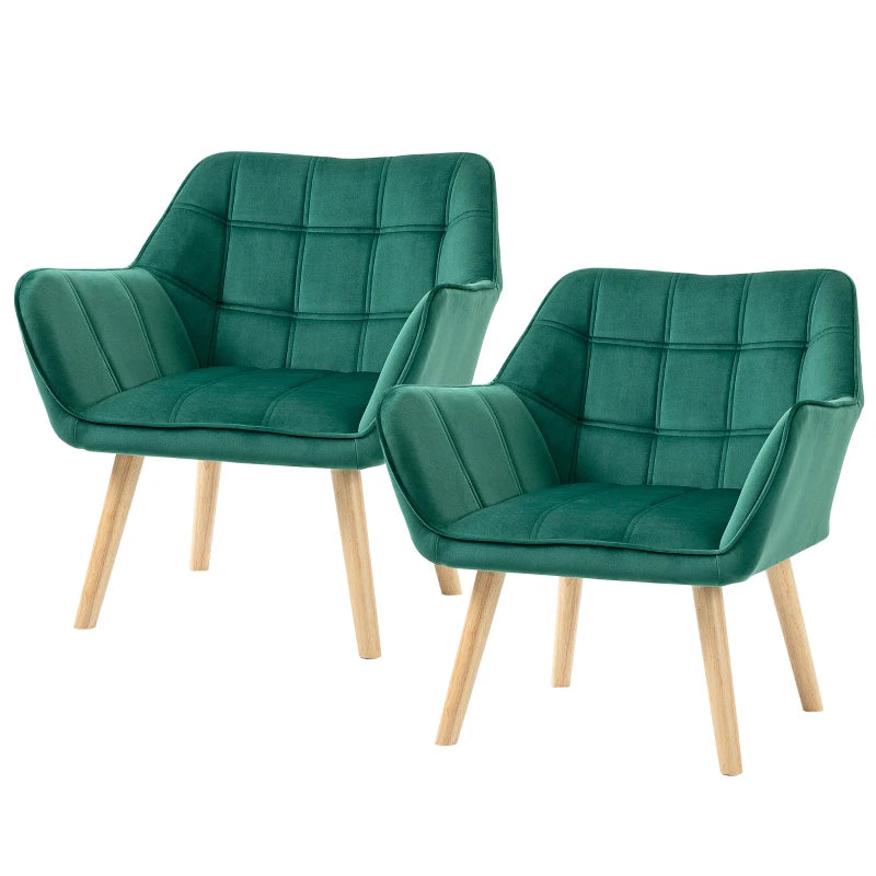 Green Accent Armchair Set of 2, Wide Arms & Wooden Legs for Bedroom