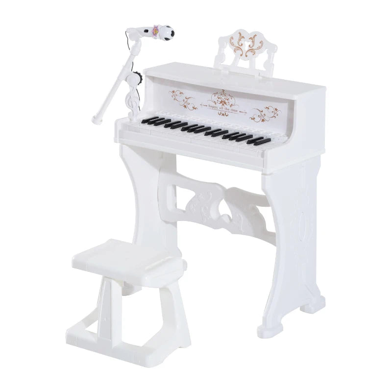 White Mini Piano Keyboard for Kids with 37 Keys, Stool, Microphone & Music Stand