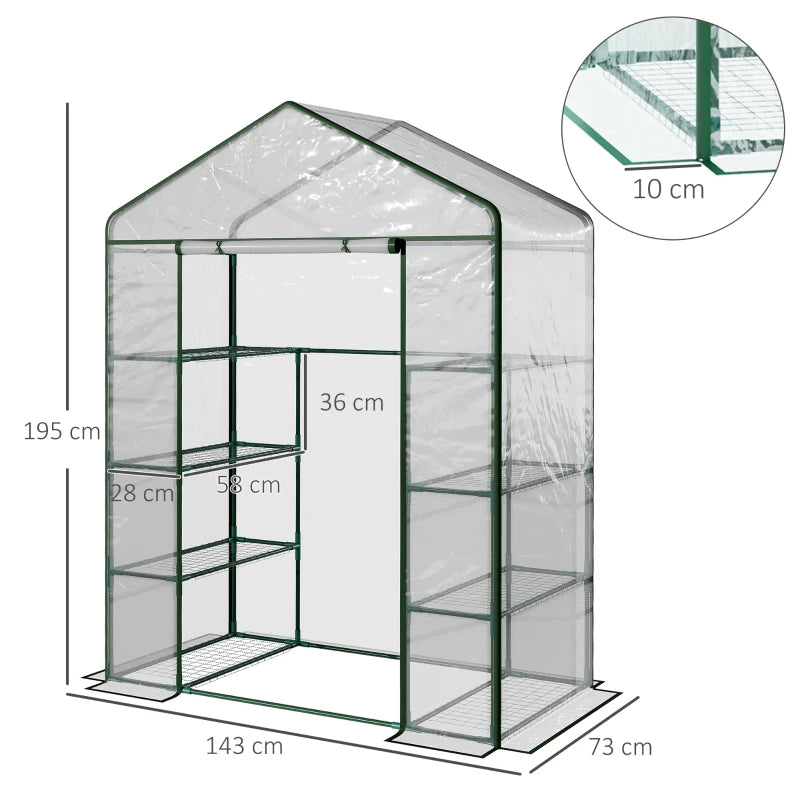 Walk-In Greenhouse with 4-Tier 8 Shelves, Hemmed Cover & Roll-Up Zipped Door, Steel Frame
