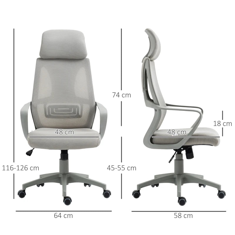 Grey Mesh Desk Chair with Headrest & Adjustable Height