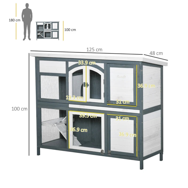 Rabbit Hutch with Ramp & Divider – 2 Tier, Grey Wooden Cage