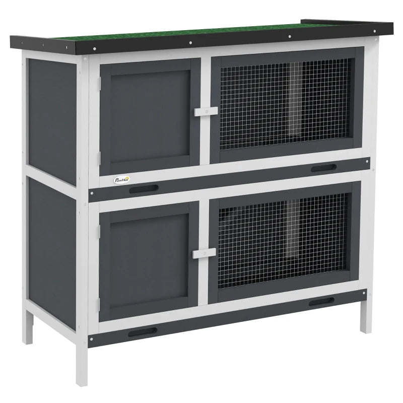 Double Decker Outdoor Rabbit Hutch with Slide-Out Tray – 2 Tier, Grey