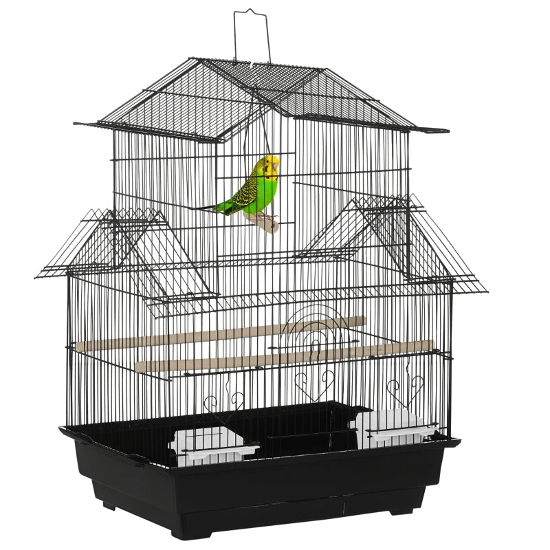 Bird Cage with Swing, Feeder & Tray – Metal, Black, 63 cm Tall
