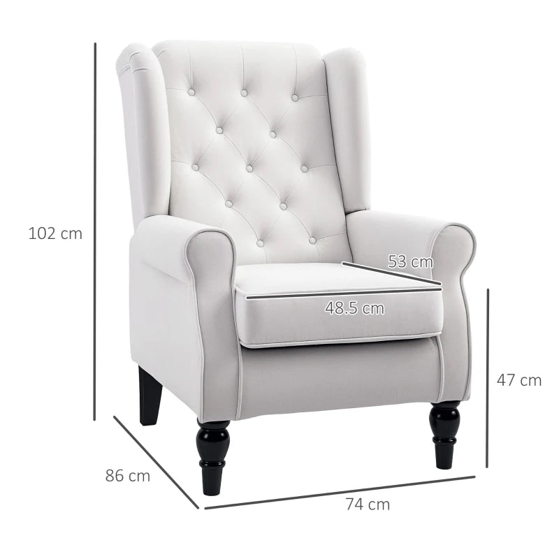Retro Accent Chair – Cream White Linen Wingback Armchair with Wood Frame