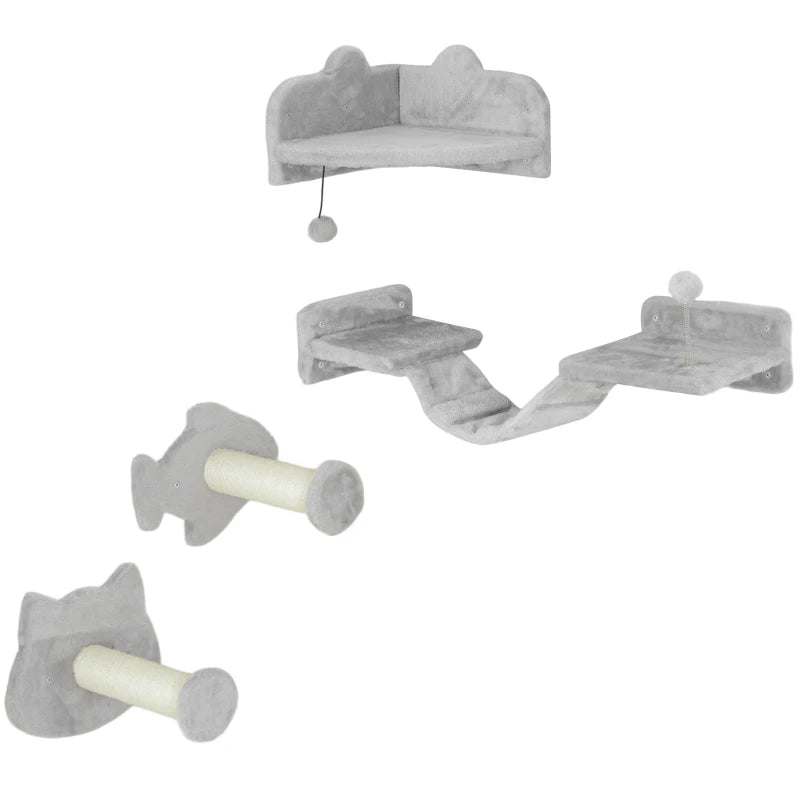 Cat Wall Shelves Set – Ladder, Platforms & Steps, Light Grey