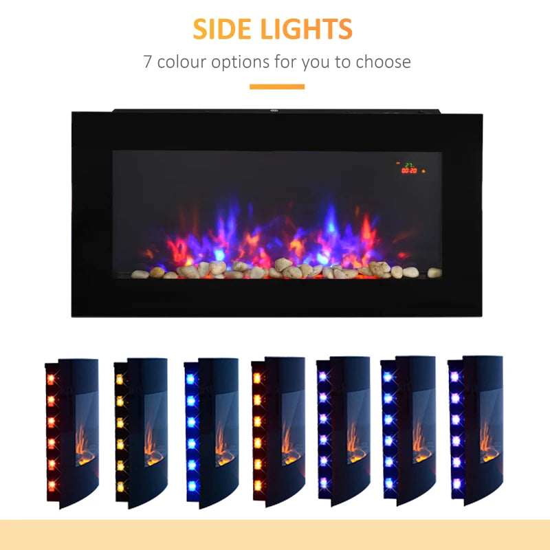 LED Wall Fireplace, Black Curved Glass, 1000W/2000W, 48 x 90.8cm