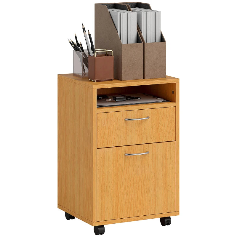 Office Cabinet – Drawer, Shelf & Wheels, Wood Finish