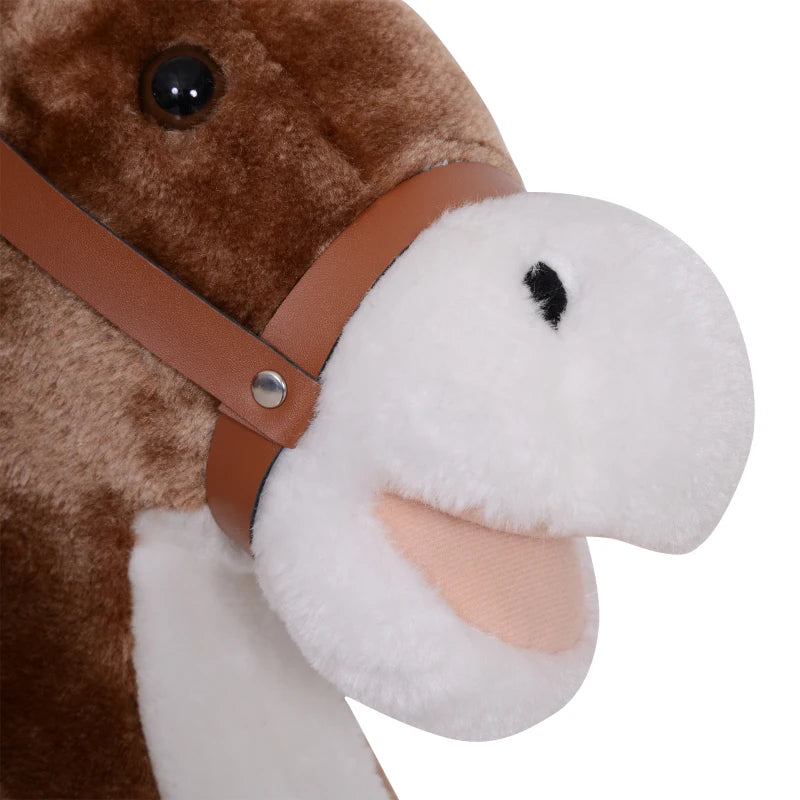 Brown & White Plush Rocking Horse Ride-On with Wooden Base and Handle for Ages 3+