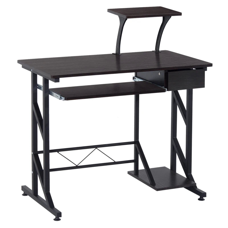 Office Desk with Sliding Tray & Display Stand, Dark Brown