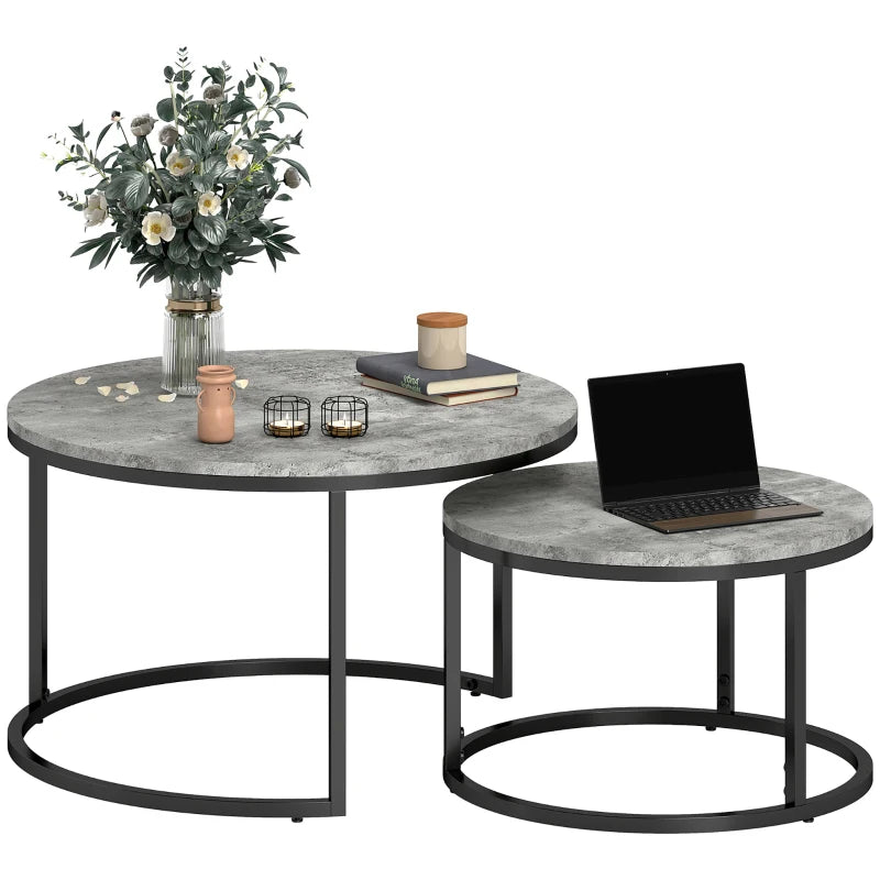 Modern Nesting Tables – Set of 2, Grey Marble Look with Black Base