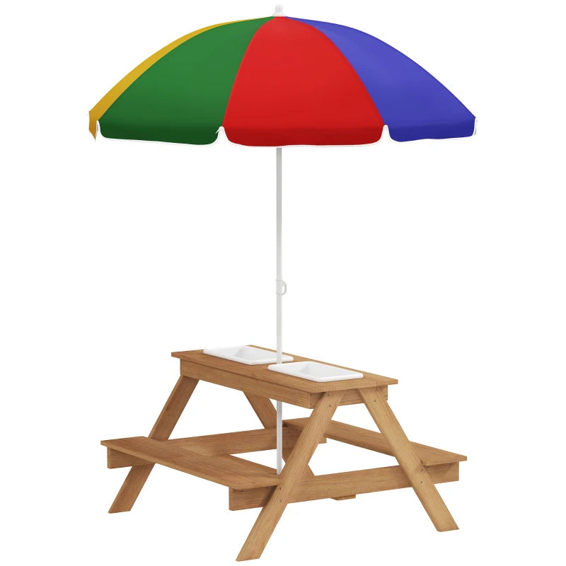 Outdoor Kids Sand and Water Table with Picnic Benches, Parasol, and Storage Bins