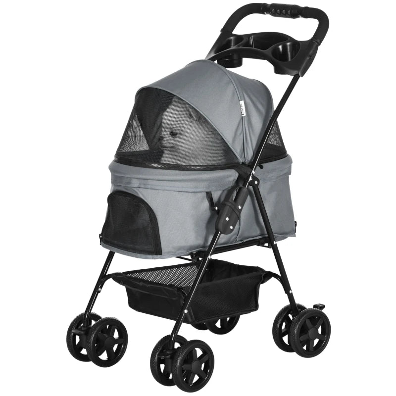 Grey Foldable Dog Stroller for Small Dogs with 4 Wheels
